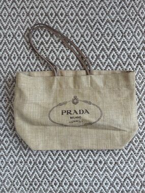 Prada Beige Canvas Beach Tote with Brown Leather Handles